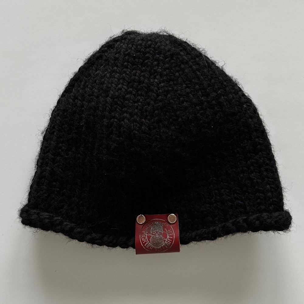 Warrior Woven Black Handmade Knit Beanie With Leather Patch
